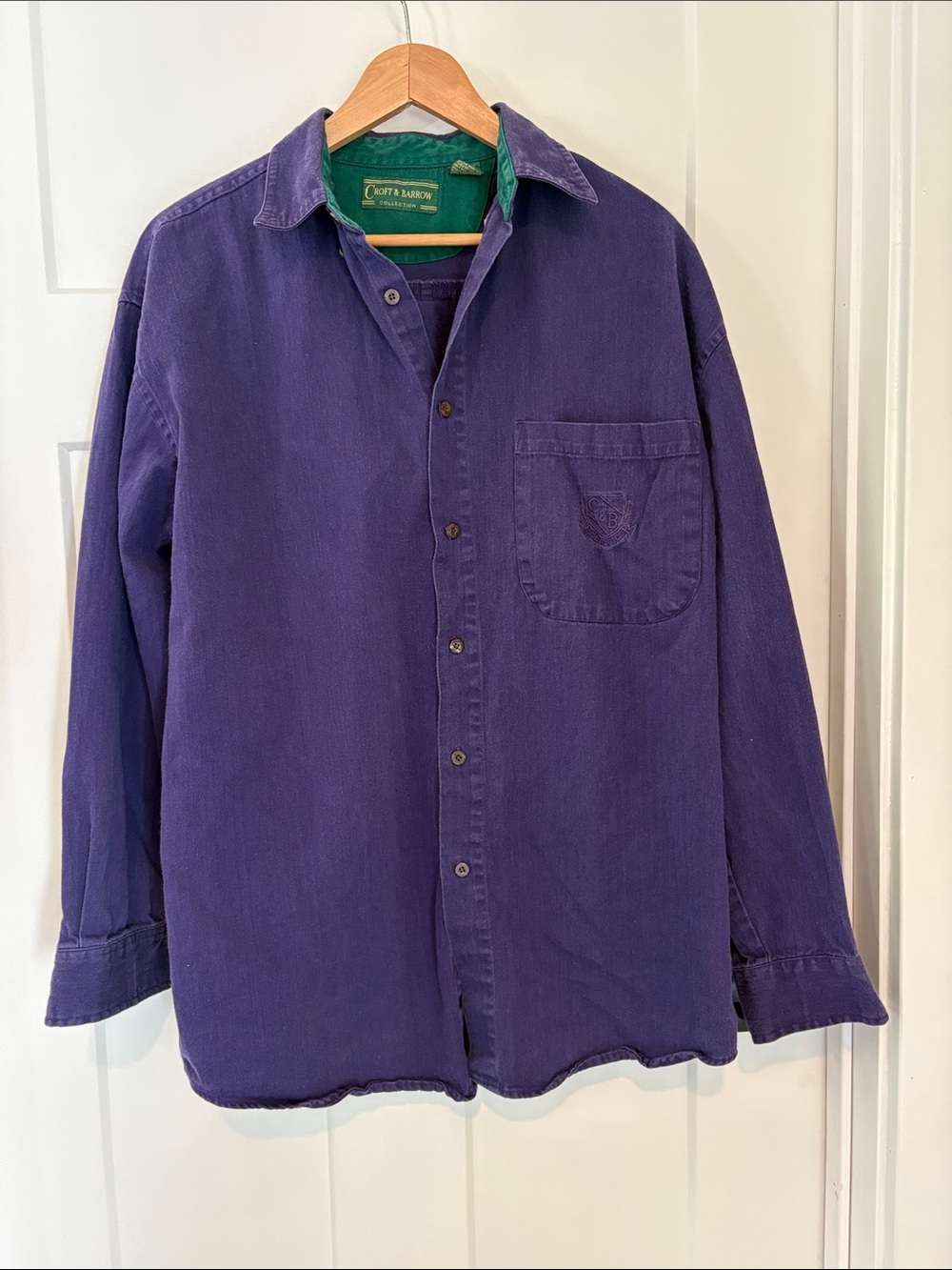 100% cotton Purple Button-Down Shirt with Green Collar Lining